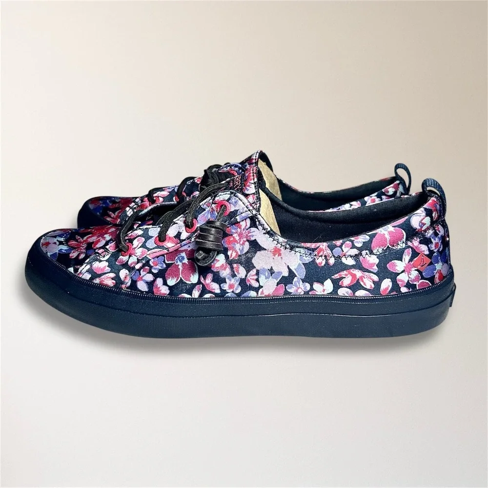 Sperry Crest Vibe 9.5 Floral Canvas Sneakers Pink Blue‎ Lace Up Casual STS87000